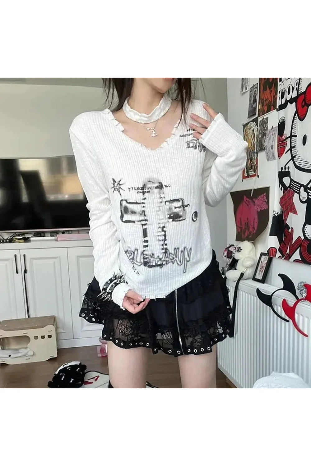 Goblincore Off-Shoulder Grunge Print Sweater