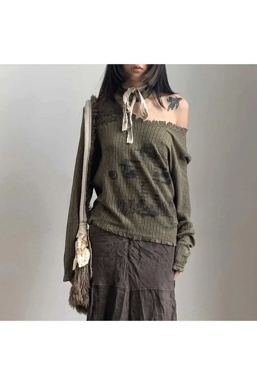 Goblincore Off-Shoulder Grunge Print Sweater