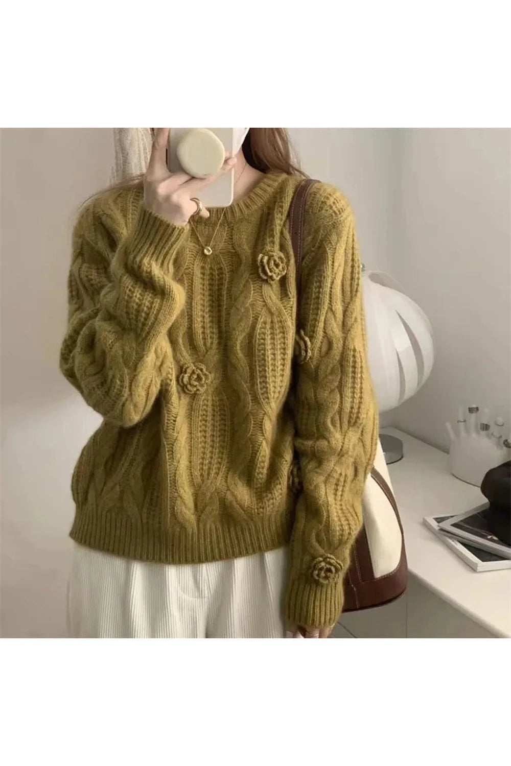 Fall Golden Bloom Cable-Knit Sweater