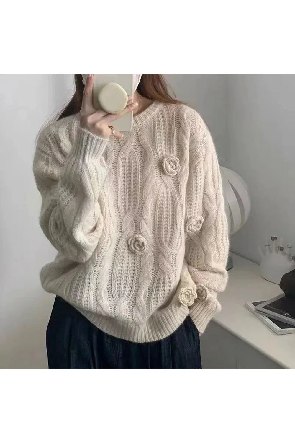 Fall Golden Bloom Cable-Knit Sweater