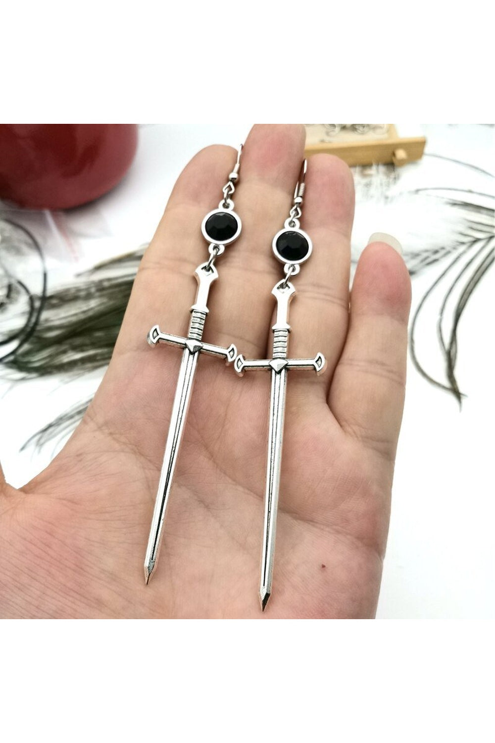 Goth Black Crystal Sword Earrings