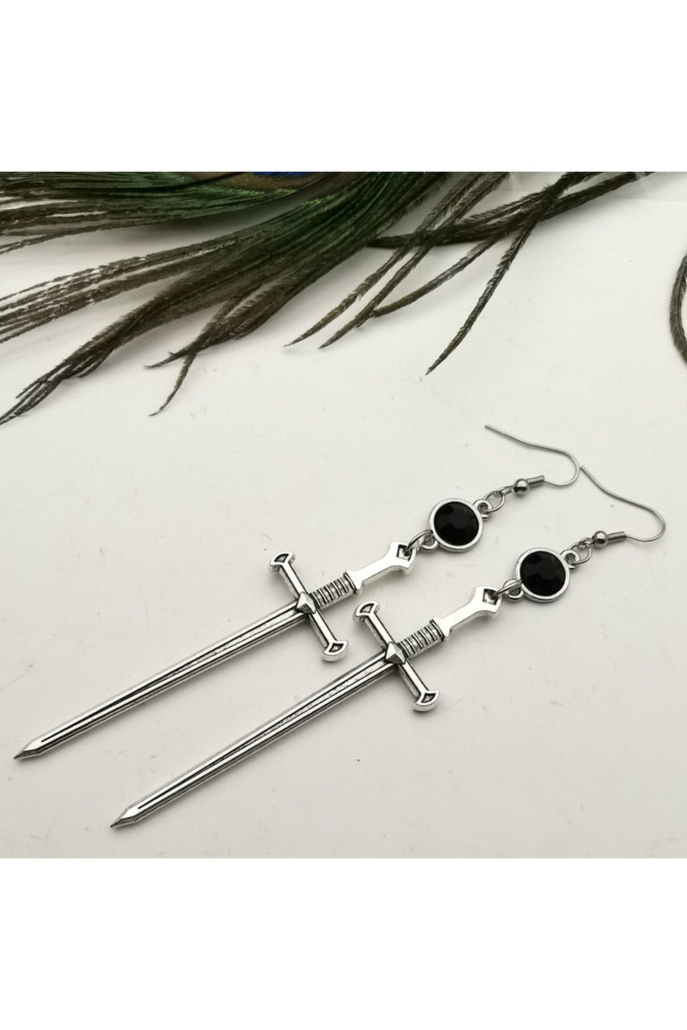 Goth Black Crystal Sword Earrings