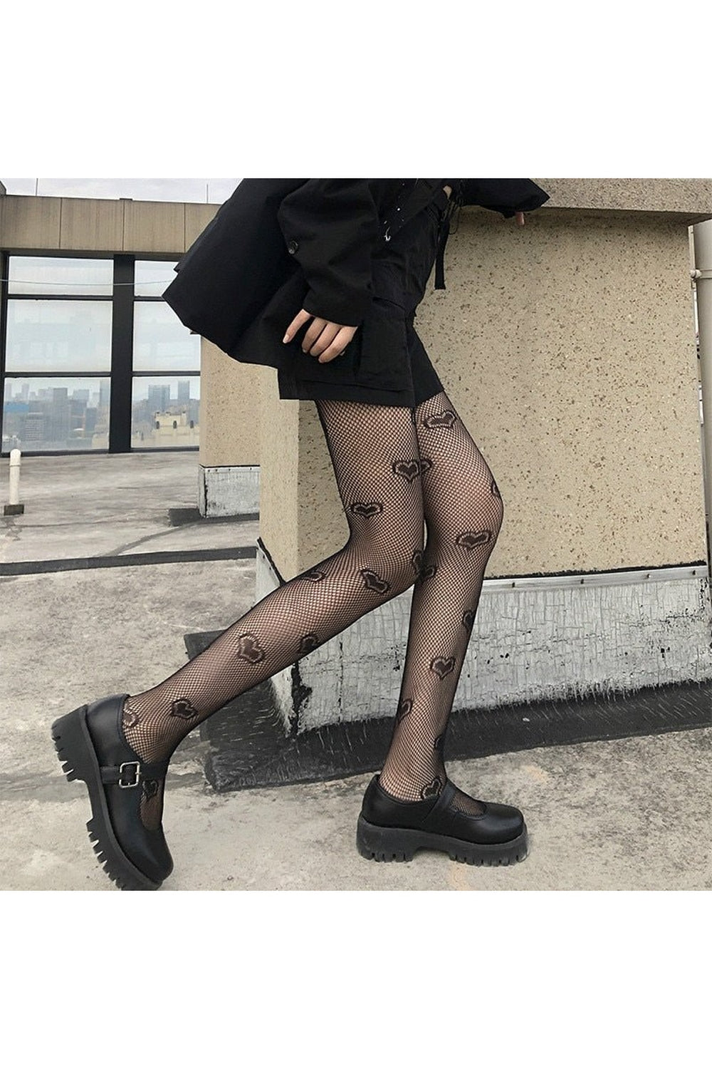 Goth Heart Pattern Tights Fishnet