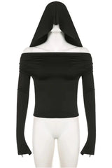 Gothic Black Hooded Crop Top