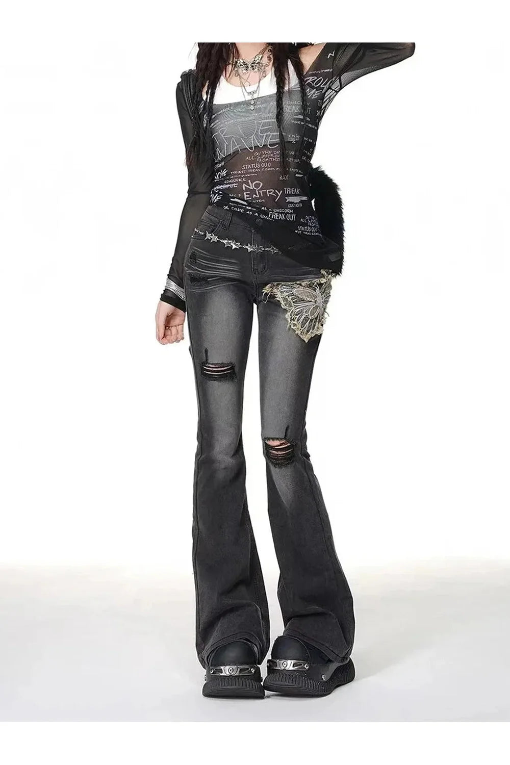 Gothic Butterfly Distressed Flare Jeans