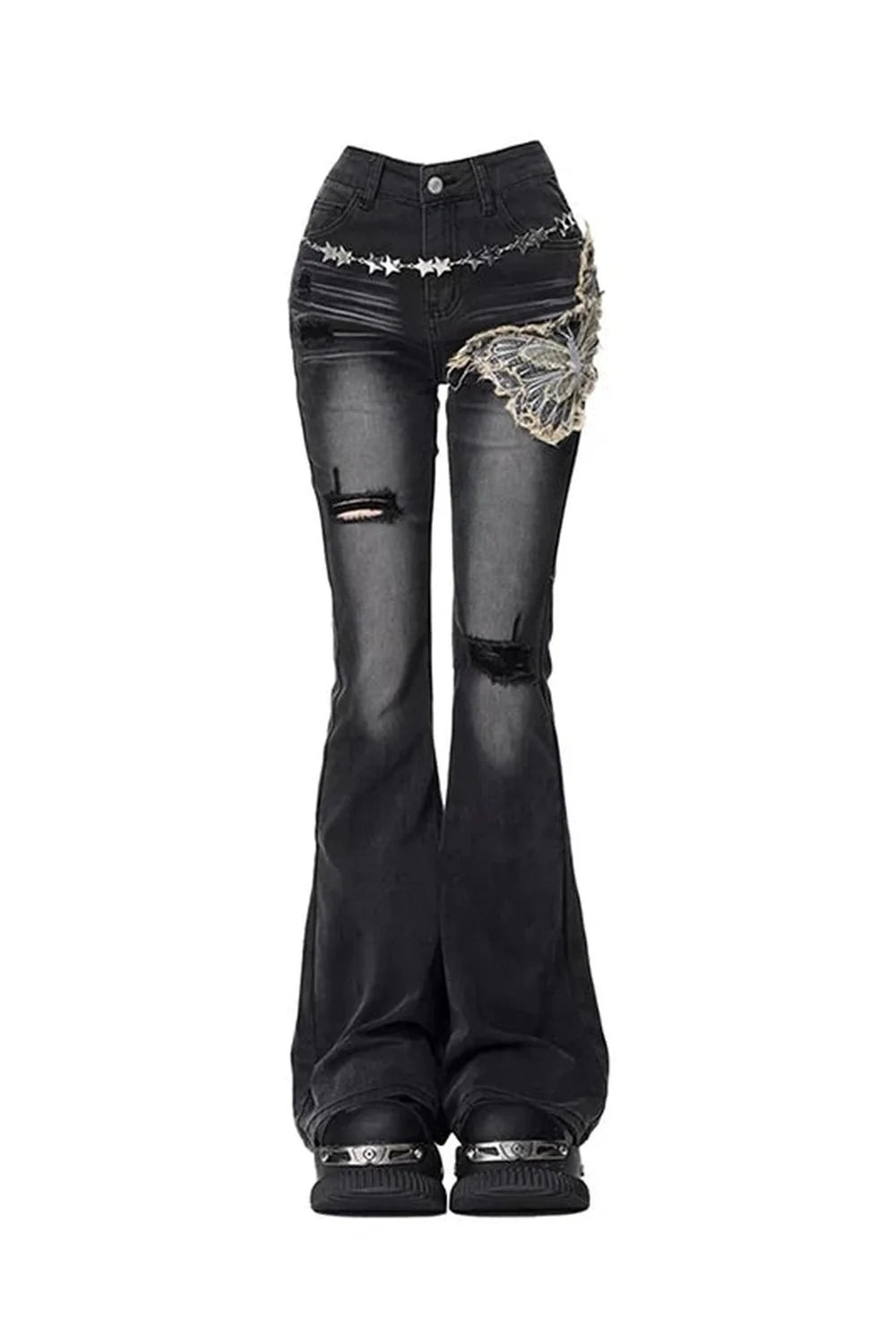 Gothic Butterfly Distressed Flare Jeans