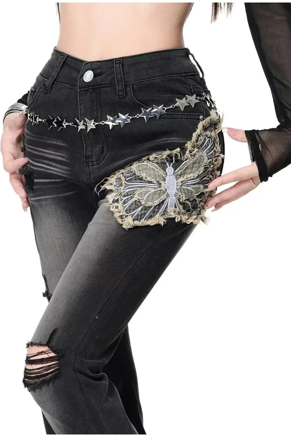 Gothic Butterfly Distressed Flare Jeans