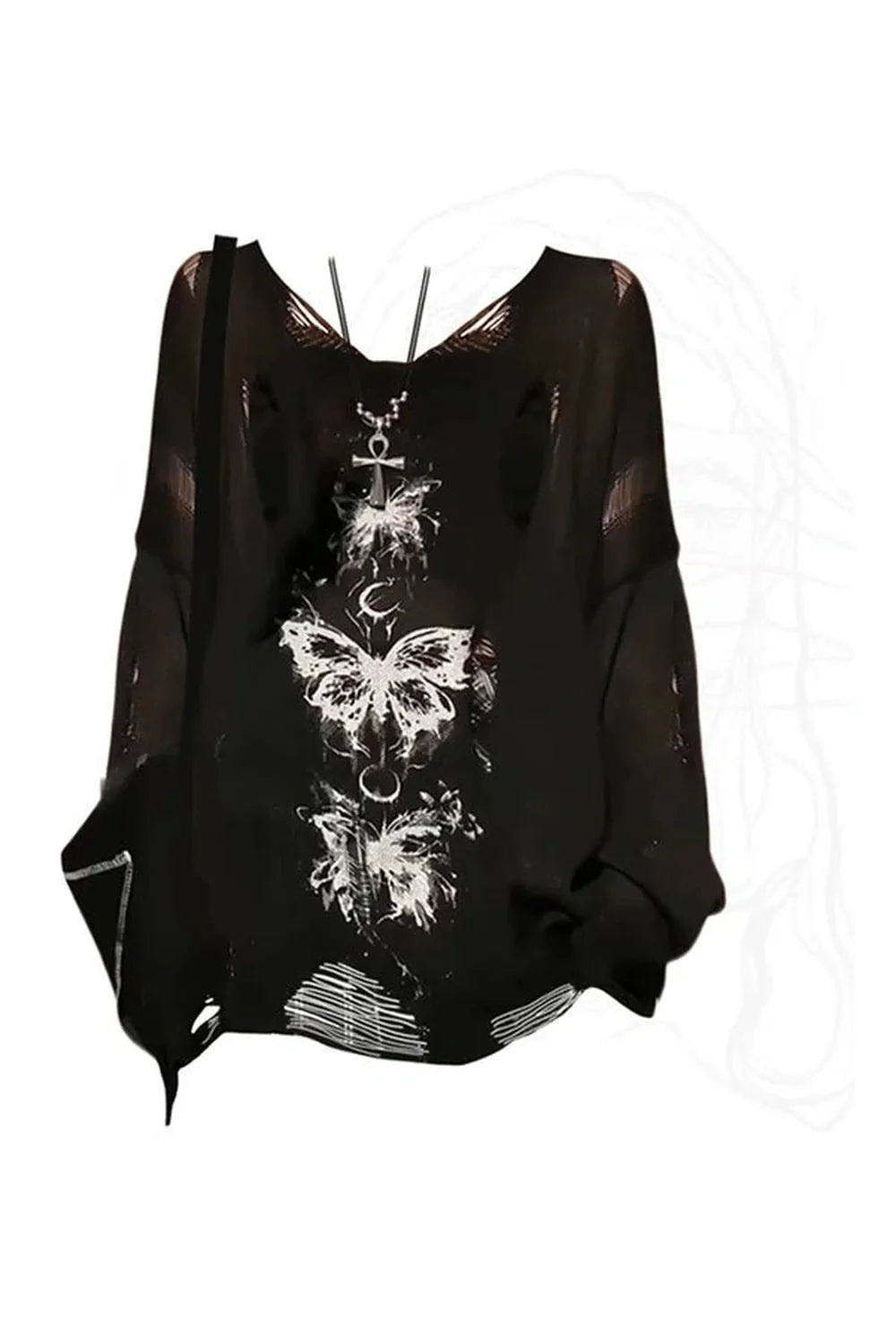 Fall Gothic Butterfly Distressed Sweater