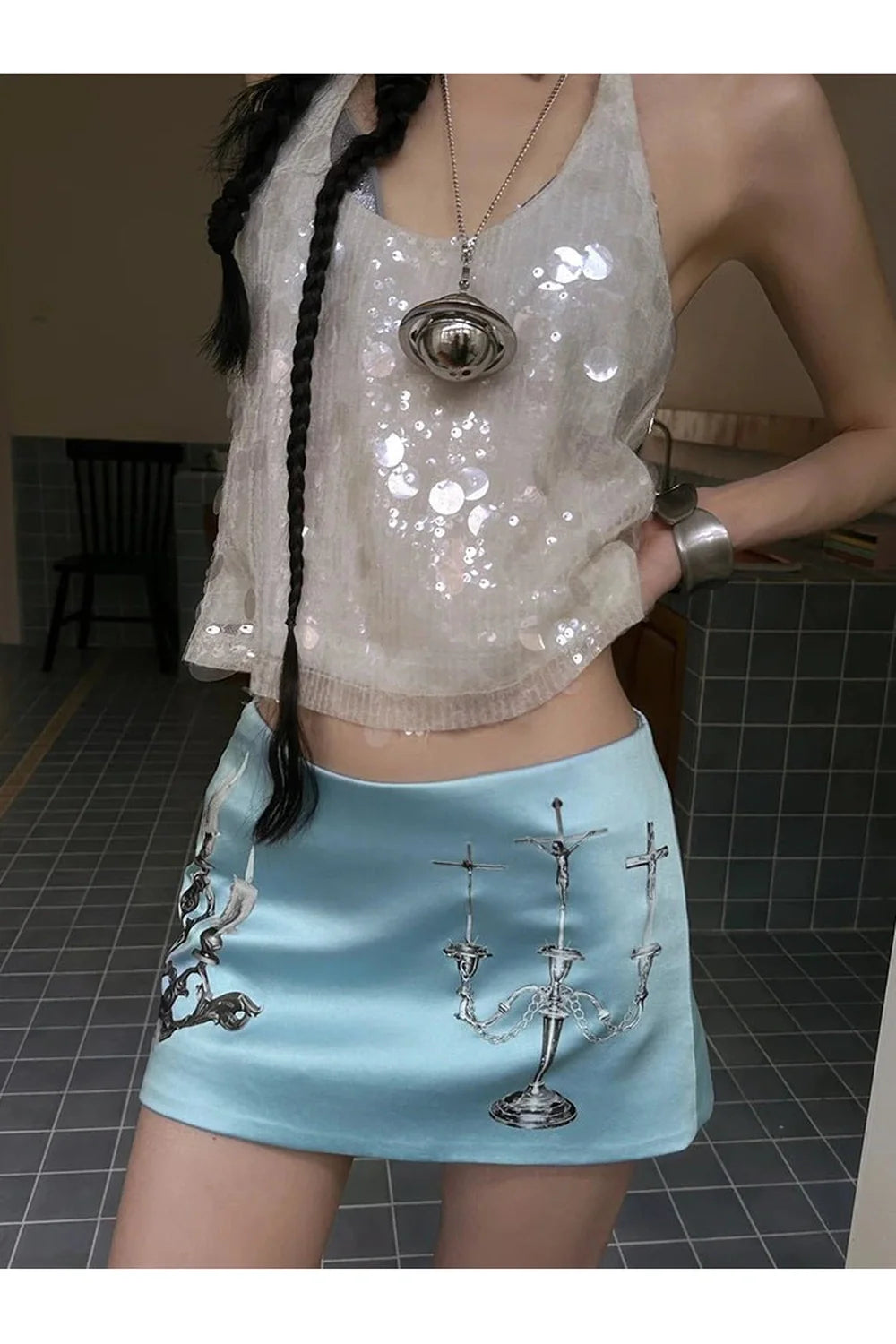 Gothic Candelabra Satin Mini Skirt