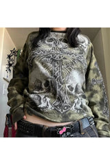 Gothic Cross and Skull Print Long Sleeve