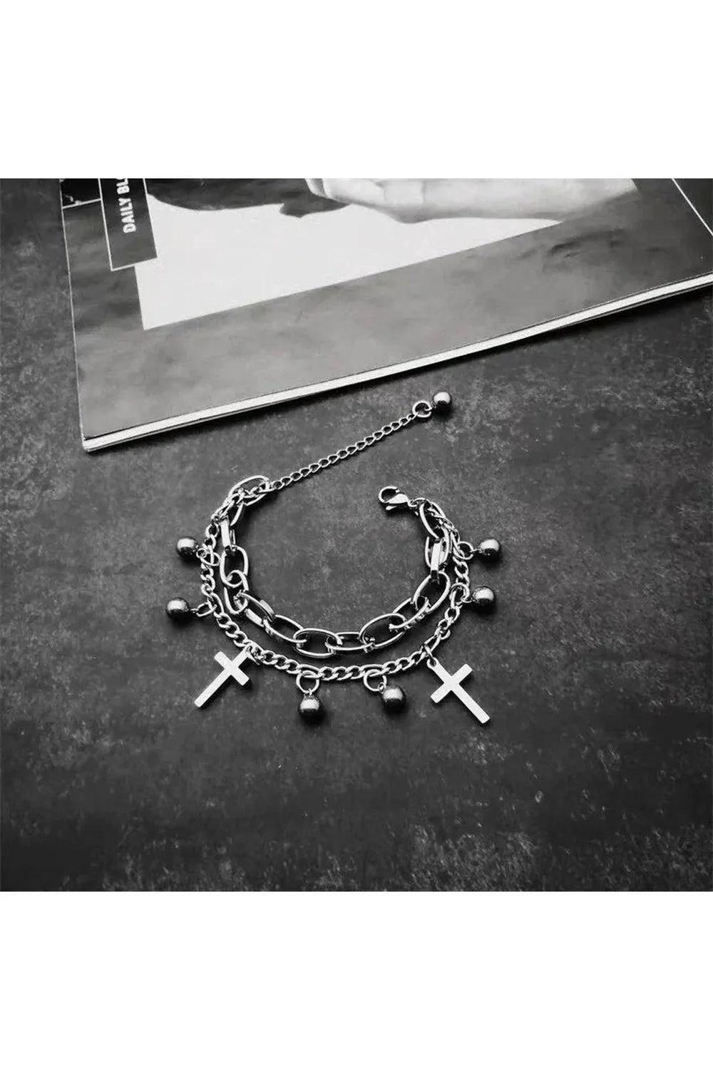 Gothic Cross Charm Layered Bracelet