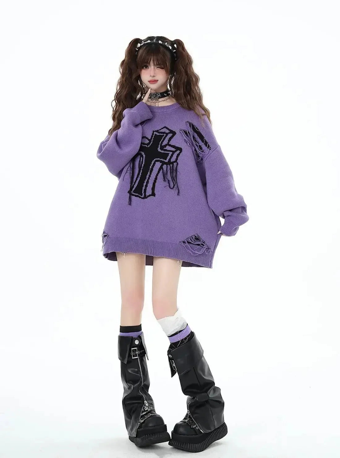 Gothic Cross Distressed Sweater