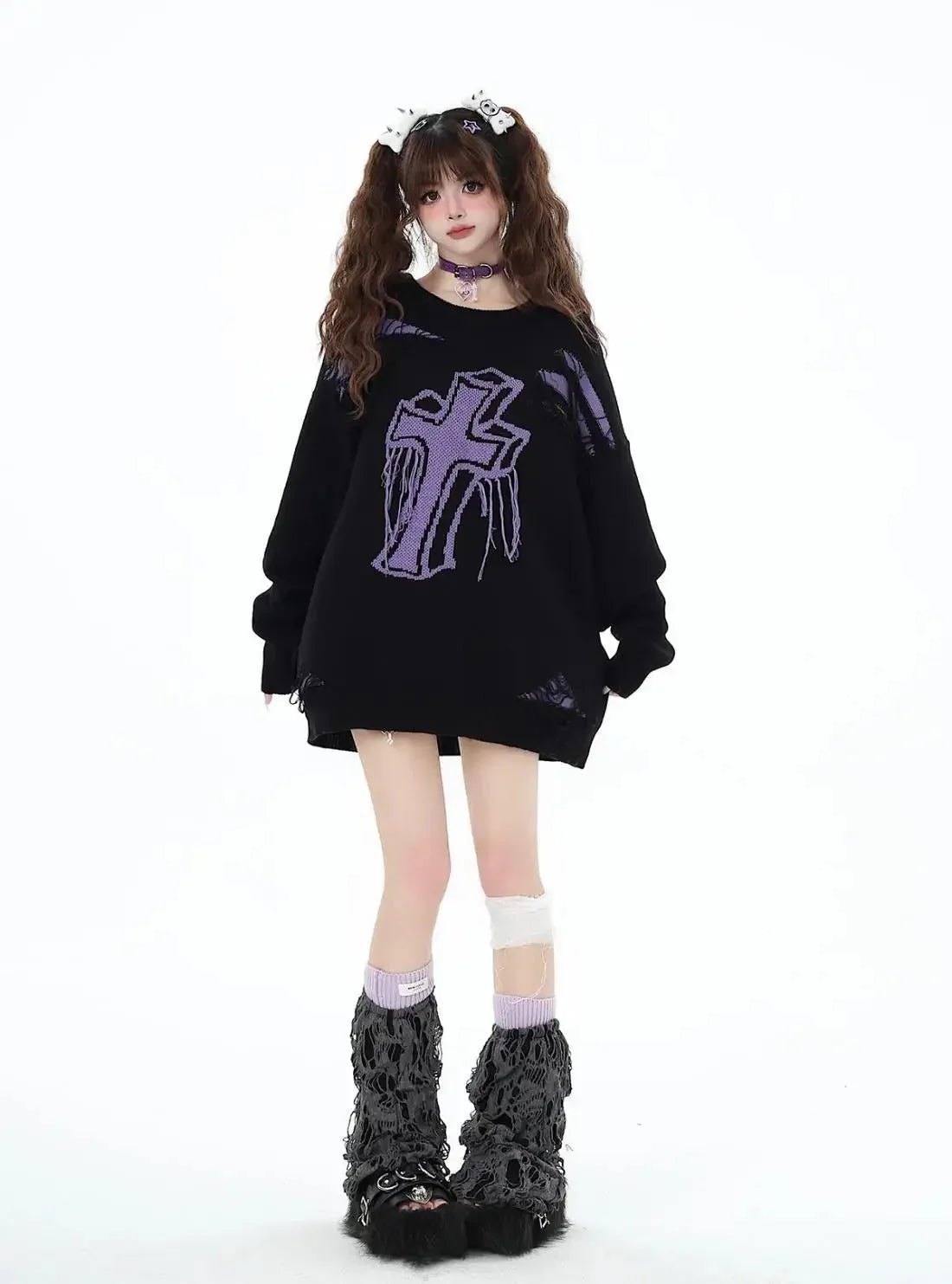 Gothic Cross Distressed Sweater