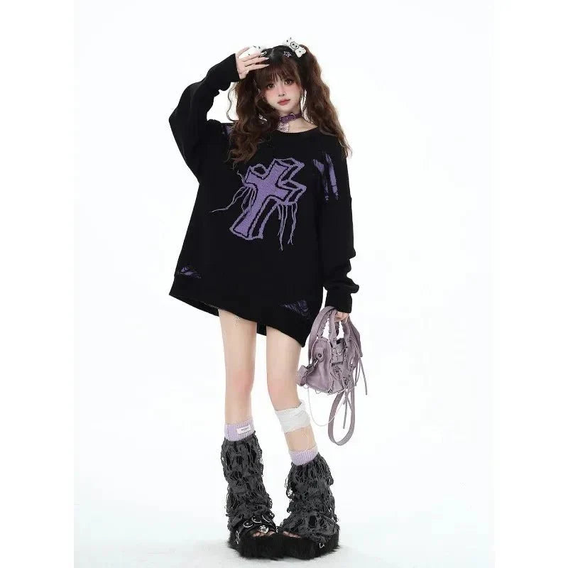 Gothic Cross Distressed Sweater