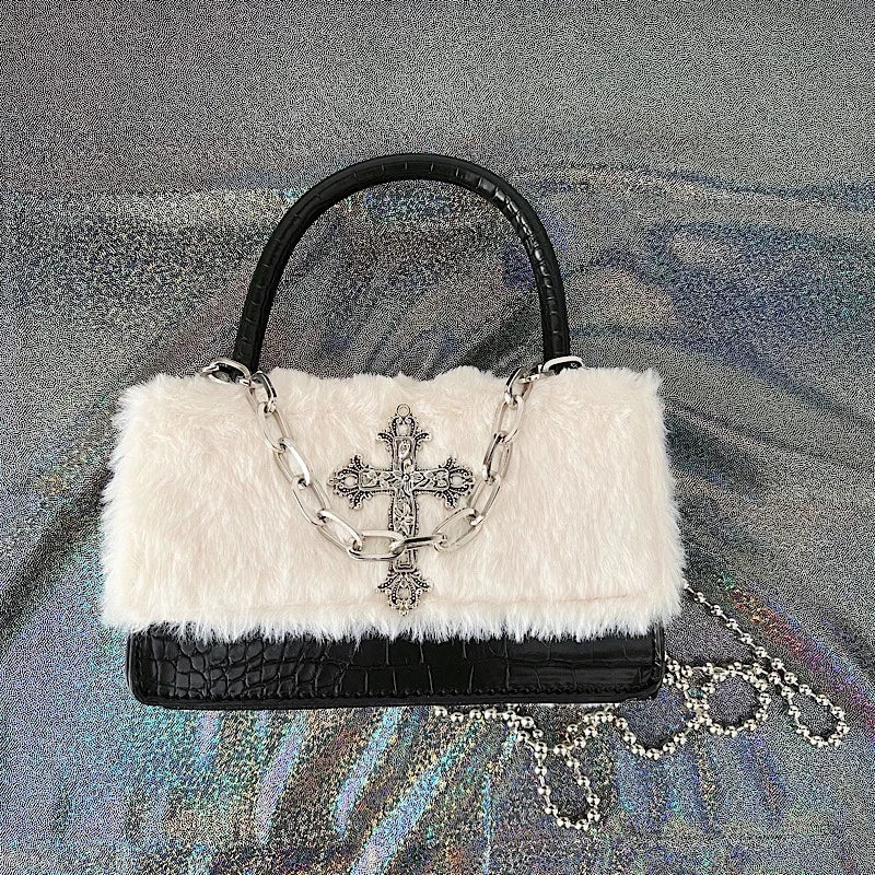 Gothic Cross Faux Fur Shoulder Bag