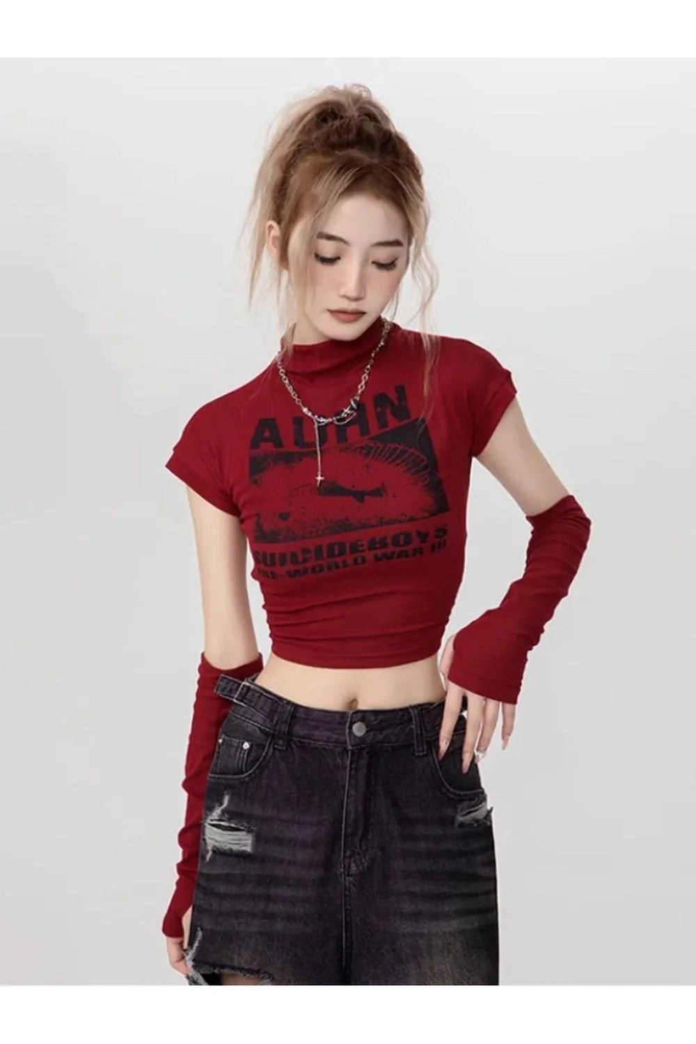 Gothic Graphic Mock Neck Crop Top