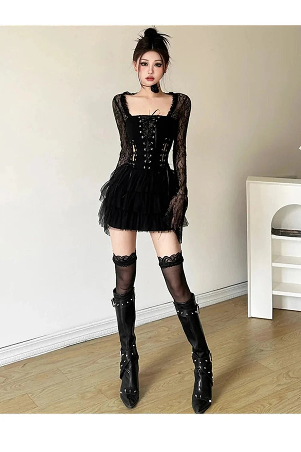 Gothic Lace Tiered Mini Dress