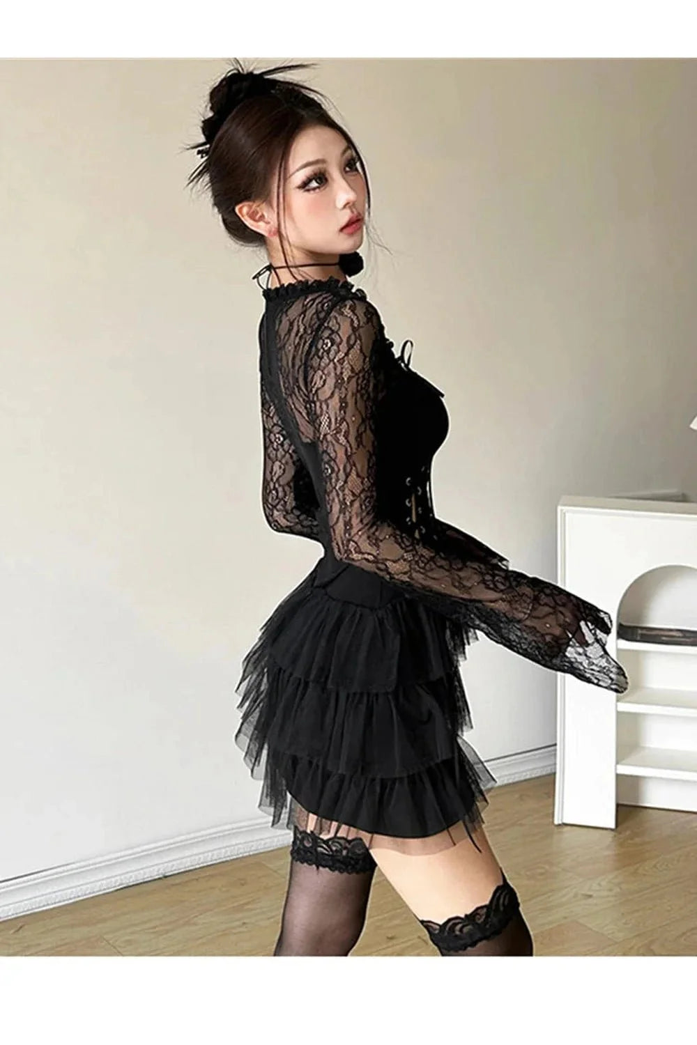 Gothic Lace Tiered Mini Dress