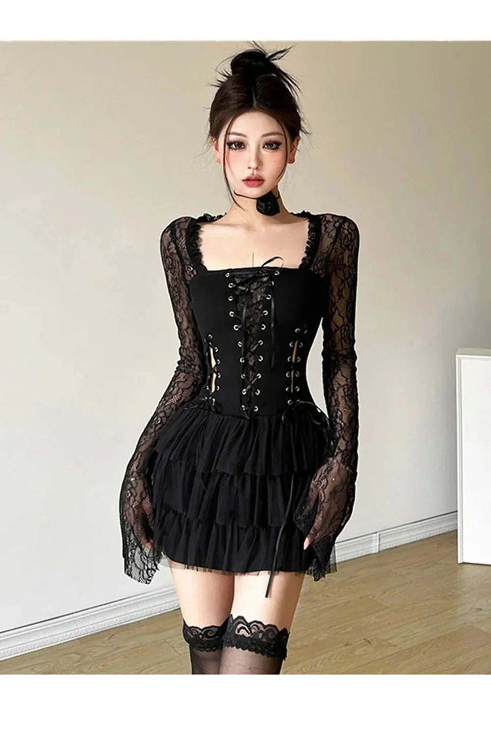 Gothic Lace Tiered Mini Dress