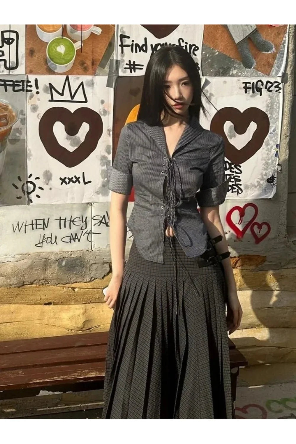 Gothic Lace-Up Pinstripe Blouse