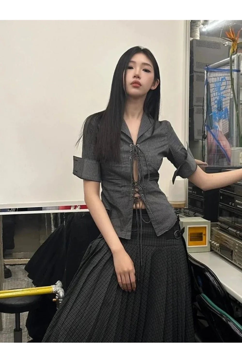 Gothic Lace-Up Pinstripe Blouse