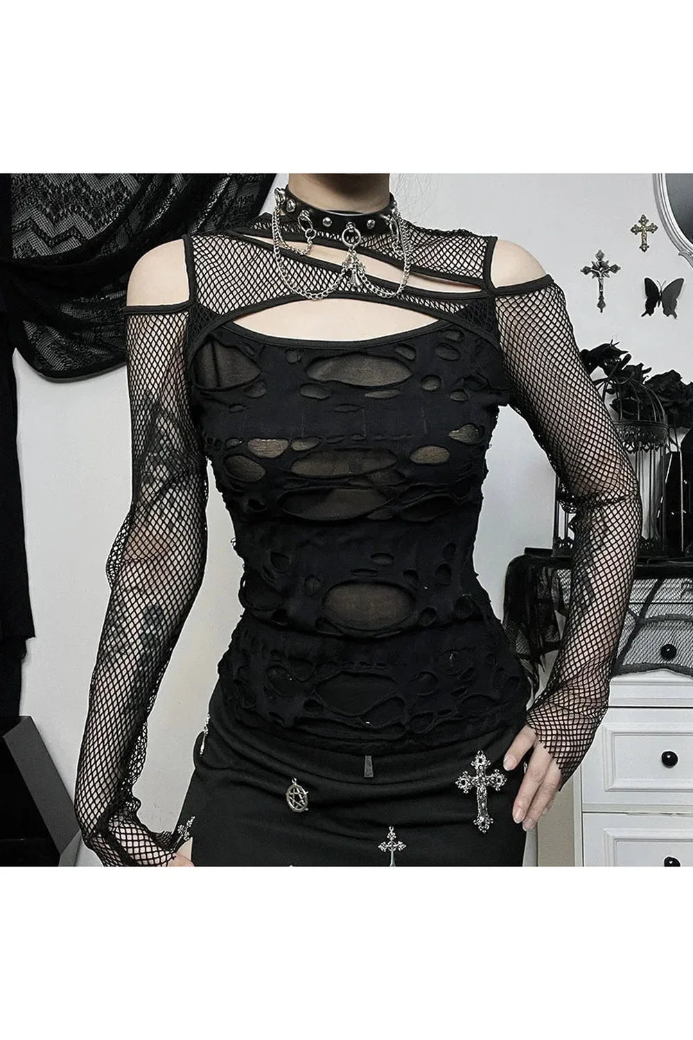 Gothic Mesh Hole Fishnet Blouse