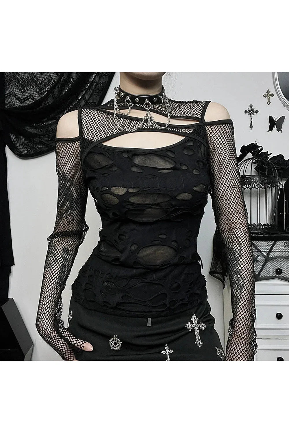 Gothic Mesh Hole Fishnet Blouse