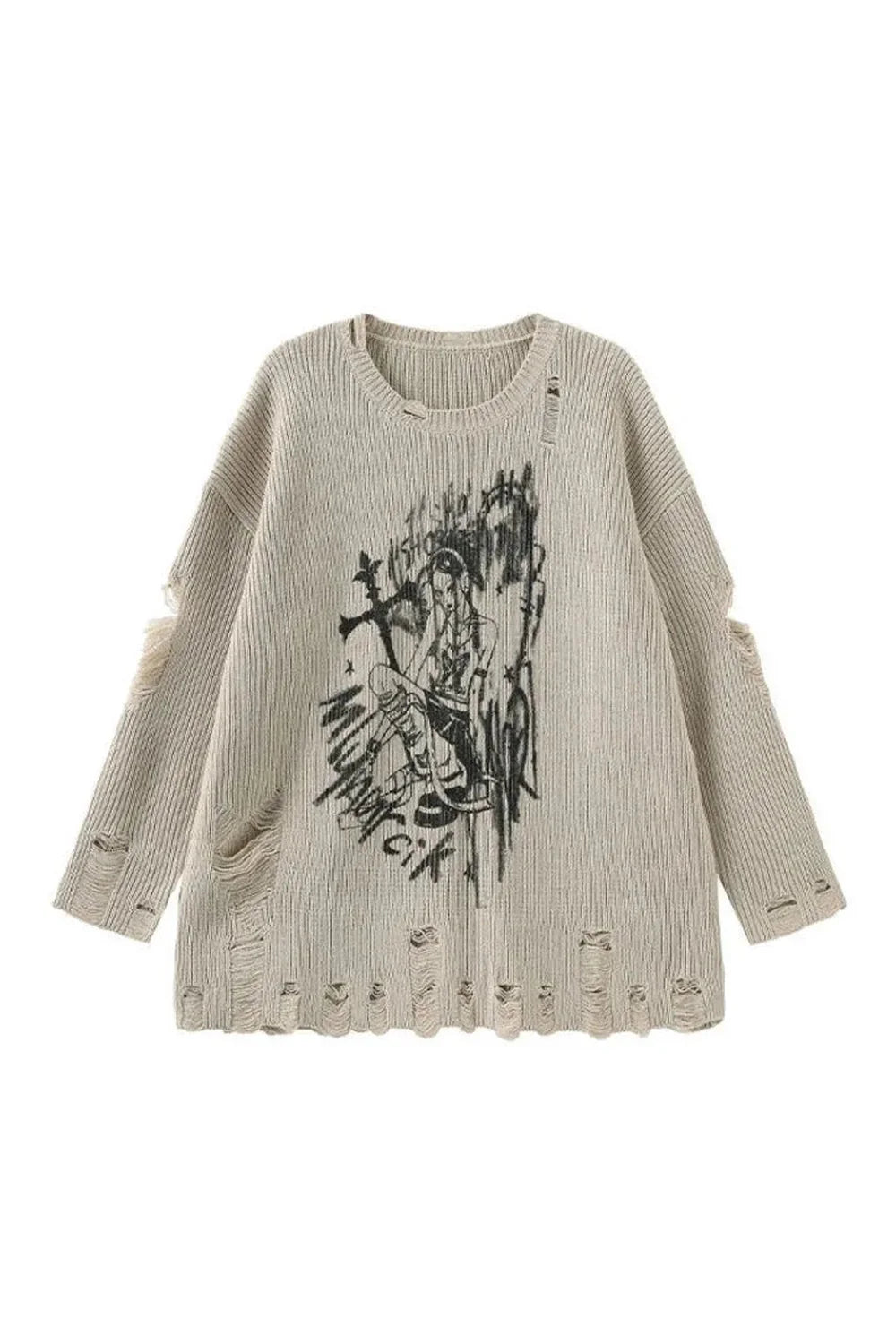 Fall Graffiti Distressed Knit Sweater