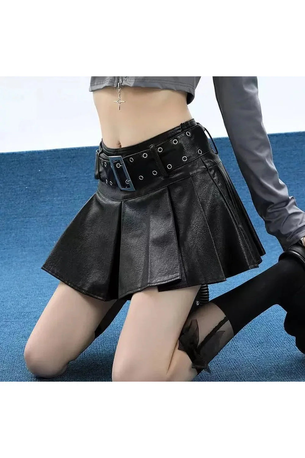 Grommet Belted Leather Mini Skirt