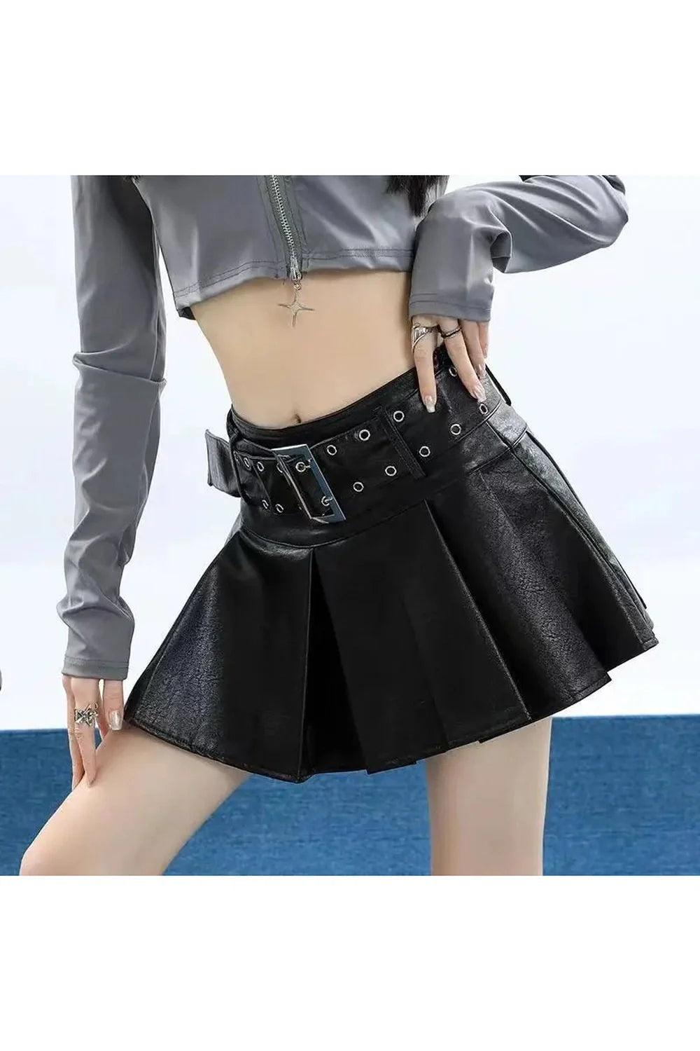 Grommet Belted Leather Mini Skirt