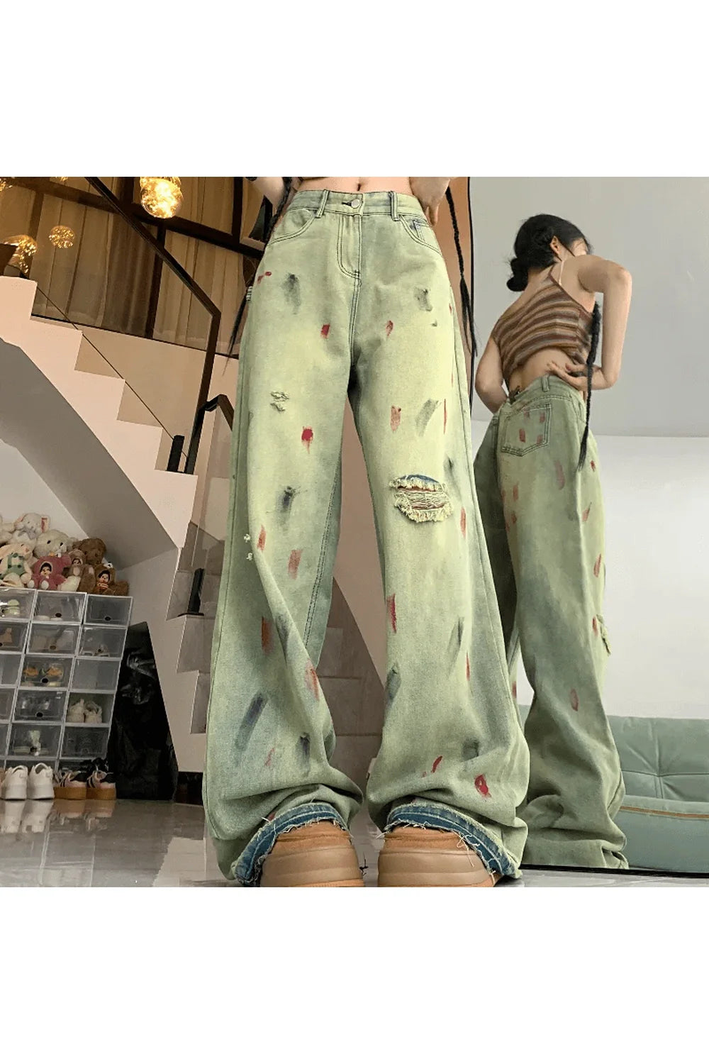 Fall Grunge Art Splatter Wide-Leg Jeans