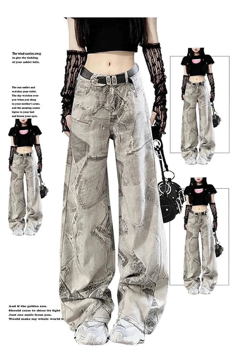 Grunge Washed Graffiti Wide-Leg Jeans