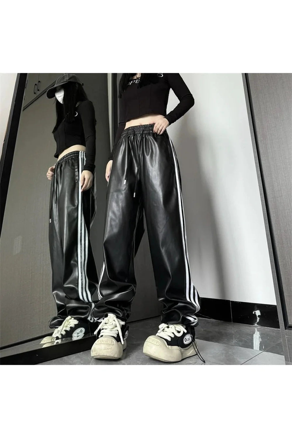 High Waist Pu Leather Striped Pants