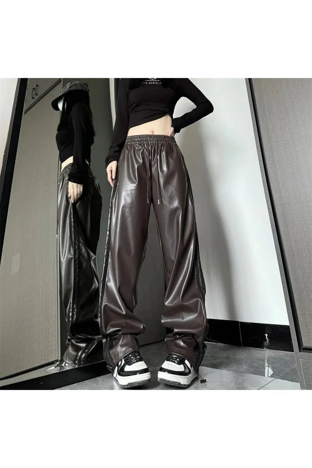 High Waist Pu Leather Striped Pants