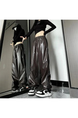 High Waist Pu Leather Striped Pants