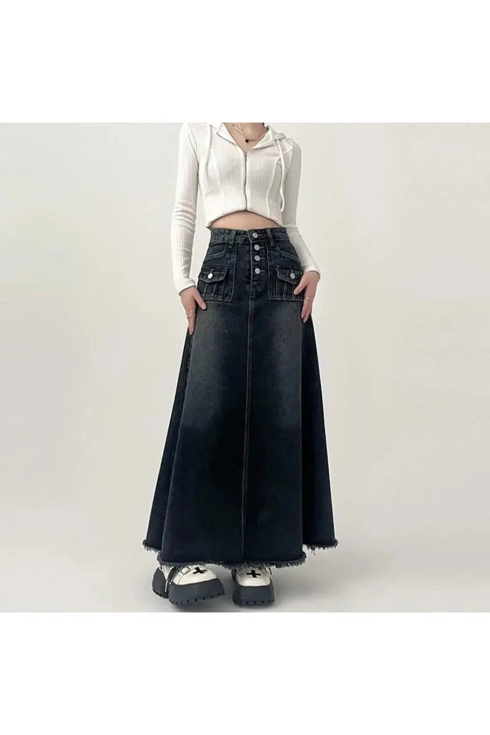 Midirock aus Cargo-Jeansstoff mit hoher Taille