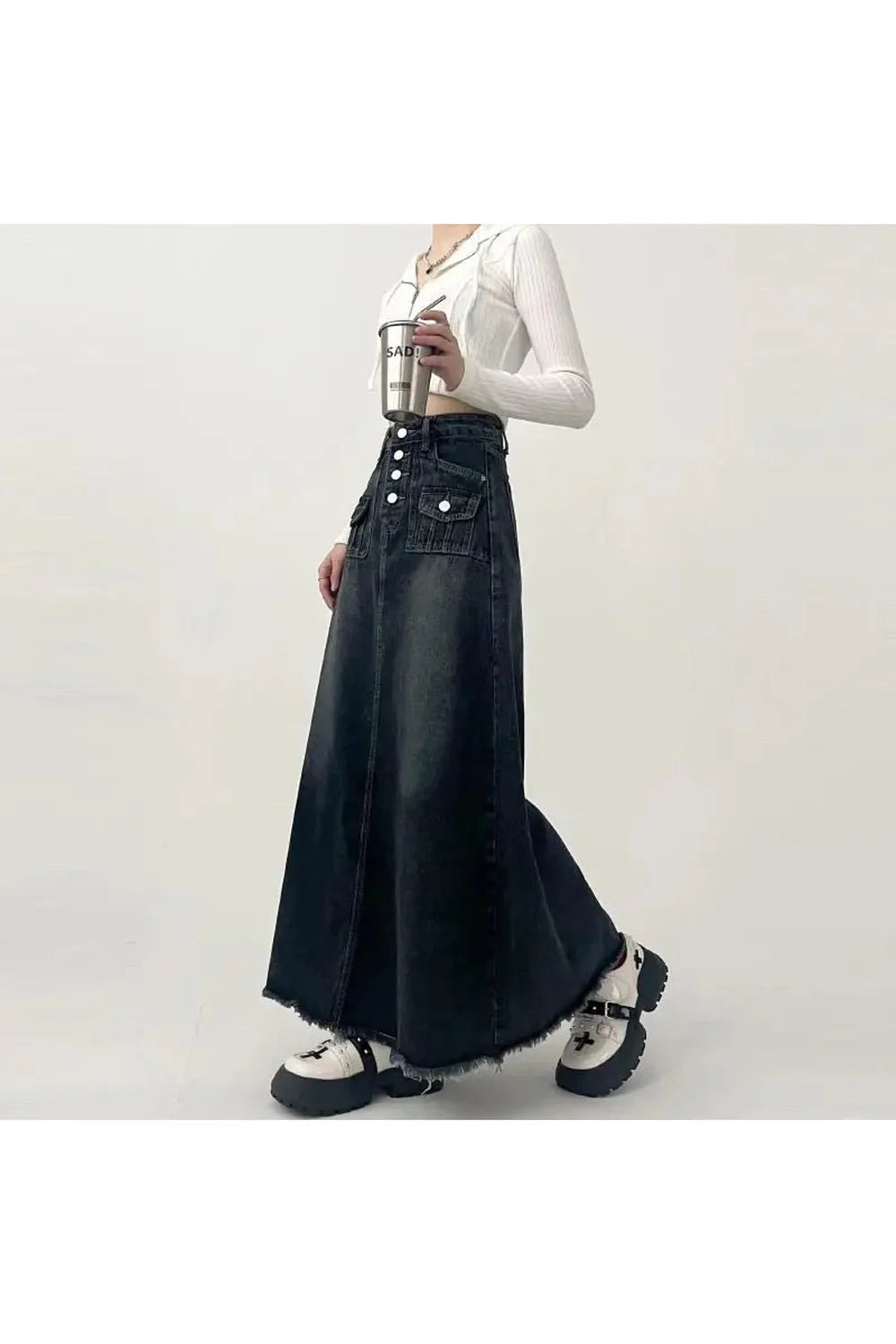Midirock aus Cargo-Jeansstoff mit hoher Taille