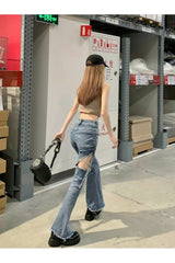 Hollow Out Denim Flare Pants