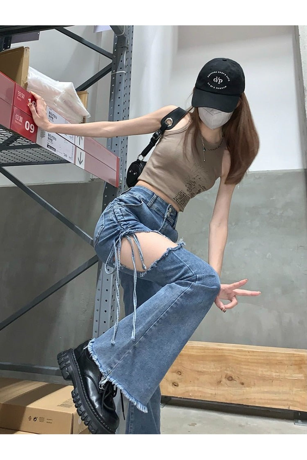 Hollow Out Denim Flare Pants