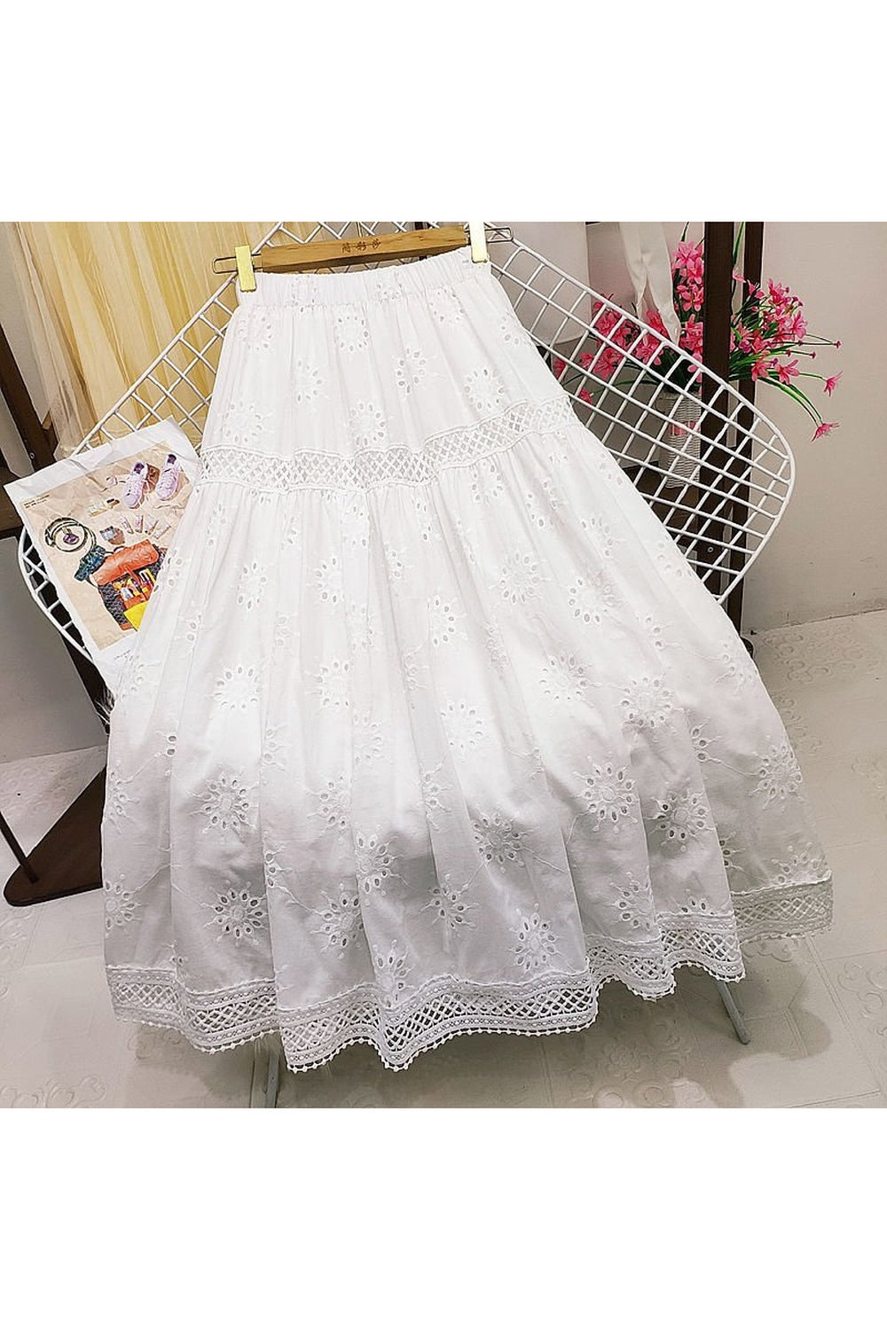 Hollowed-out Embroidered Long Skirt