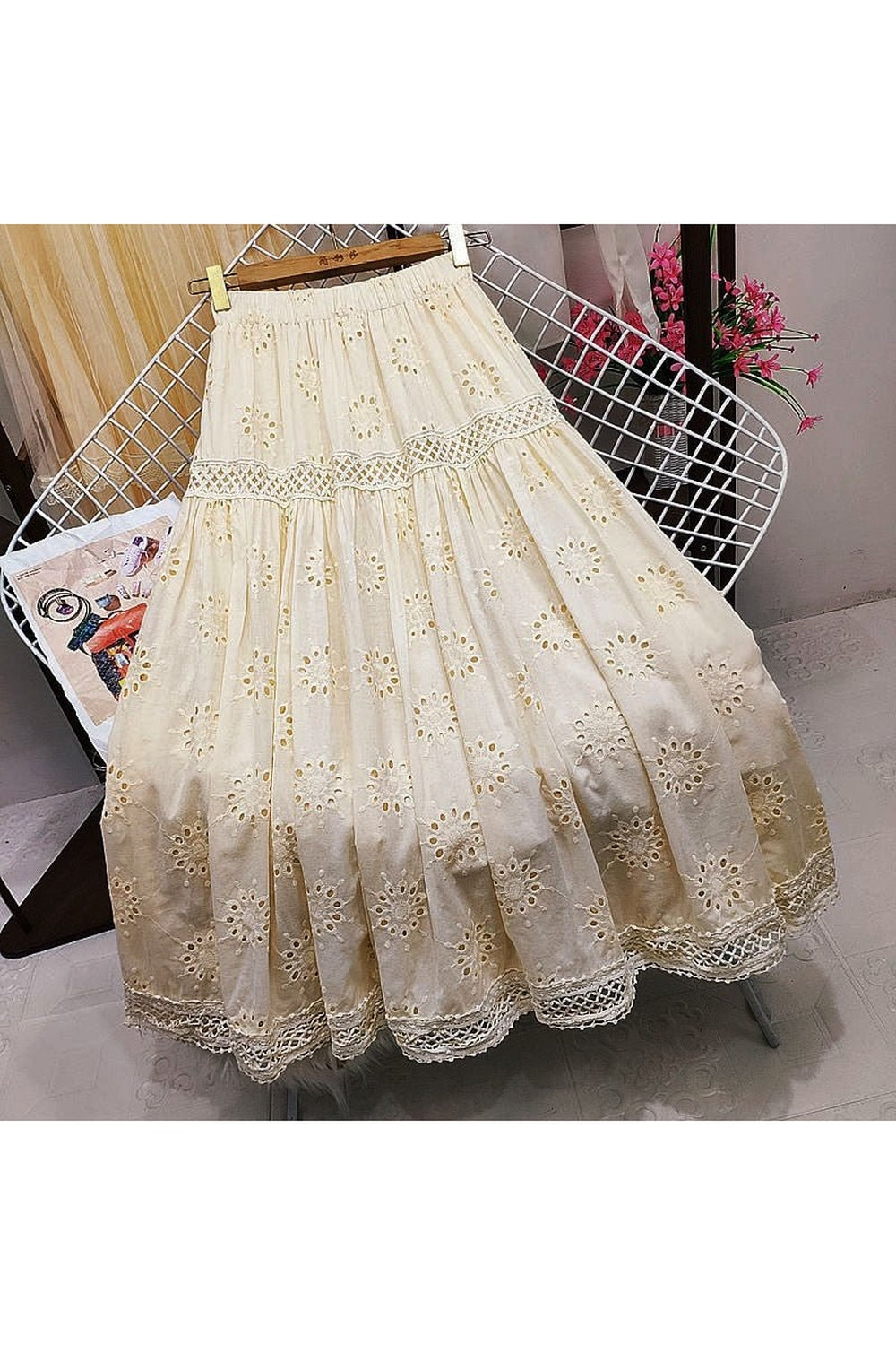 Hollowed-out Embroidered Long Skirt