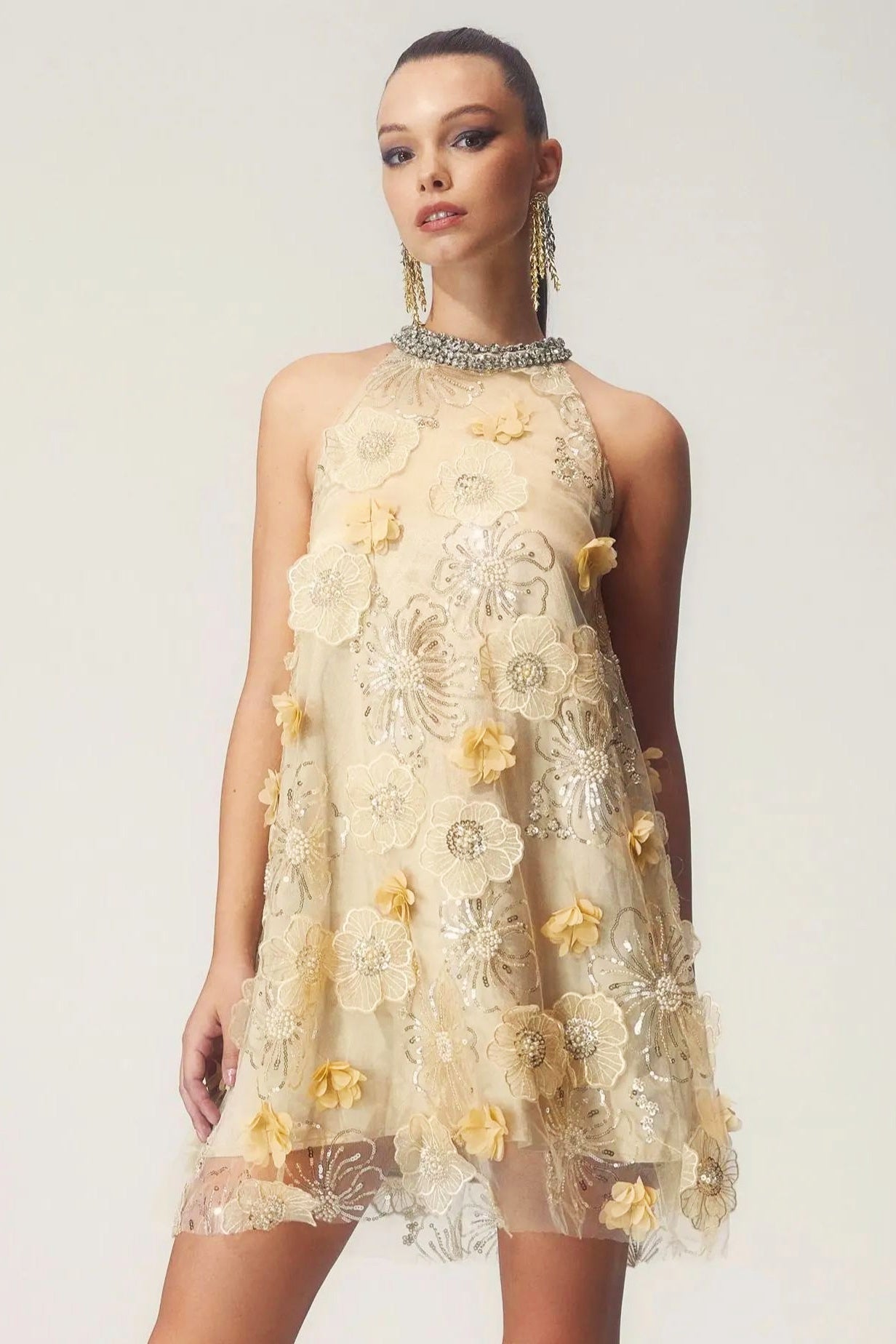 Ella Halter Floral Embroidered Sequins Mini Dress – Nhuhn
