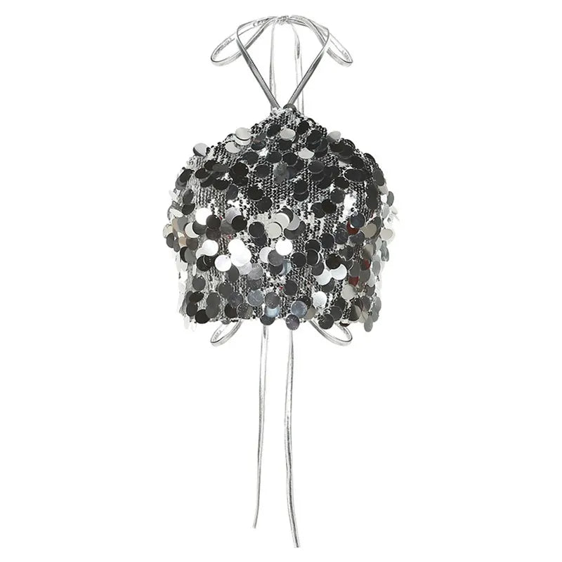 Halter-Neck Dackless Sequined Crop Top