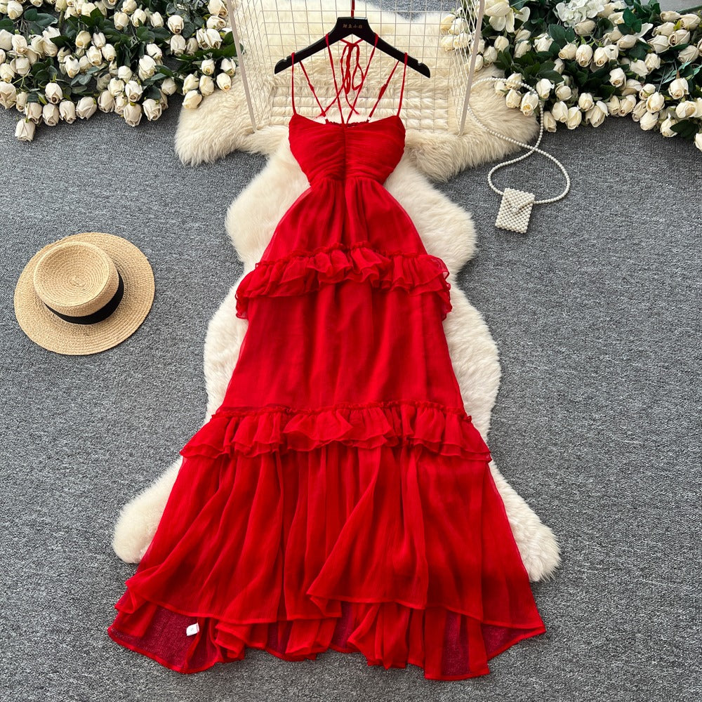 Erica Pleated Ruffle Metallic Chiffon Maxi Dress