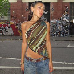 Printed Off-Shoulder Irregular Retro Vest