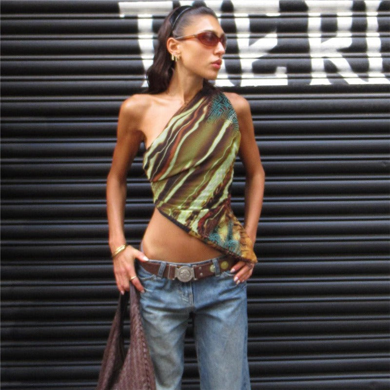 Printed Off-Shoulder Irregular Retro Vest