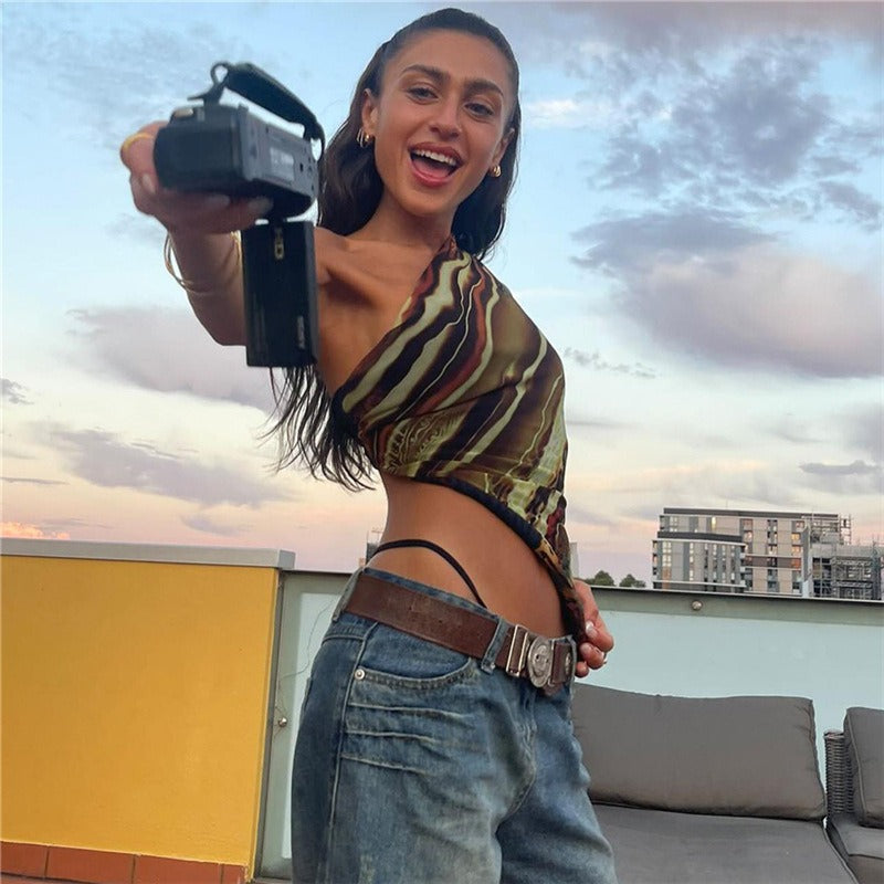 Printed Off-Shoulder Irregular Retro Vest