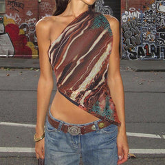 Printed Off-Shoulder Irregular Retro Vest