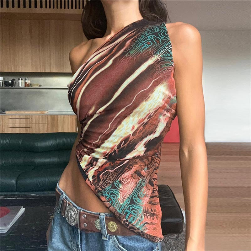 Printed Off-Shoulder Irregular Retro Vest