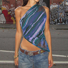 Printed Off-Shoulder Irregular Retro Vest